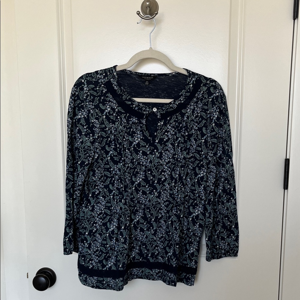 Lucky Brand Navy and White Paisley Cotton Blouse